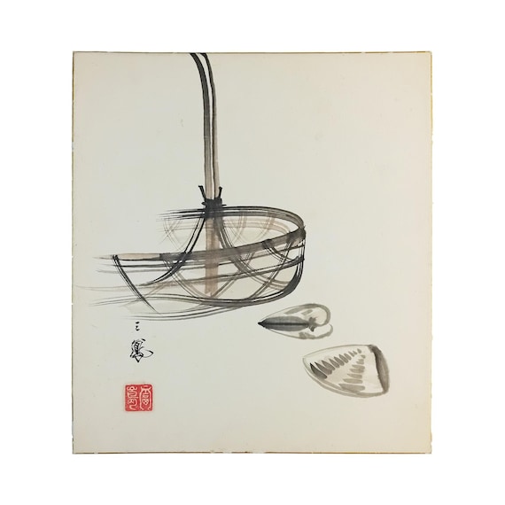 Vintage Shōwa Japanese ink shikishi – bamboo flower basket