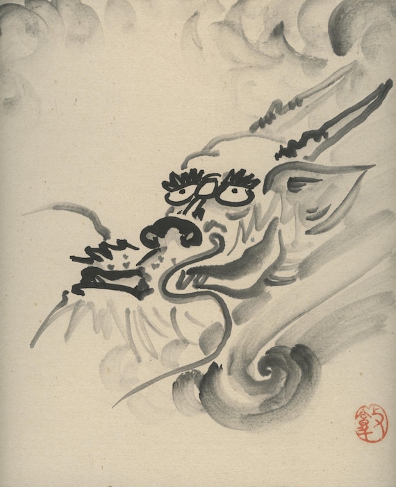 Vintage Shikishi Ink Painting, Original Japanese Sumi-e, Mid 20th Century (Showa), Washi paper, cardboard, Wall Hanging