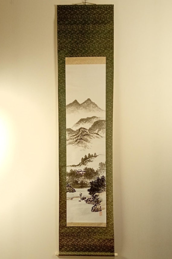 Vintage Japanese Scroll, Sumi-e, Ink Painting on washi, Kakejiku, Kakemono, Wall Hanging, #459, long, 210 cm