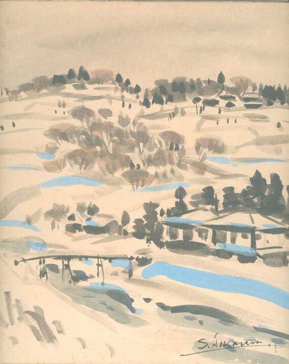 Vintage Japanese Shikishi Watercolor – Snowy Countryside, signed S. Hikaru (c. 1950–70s)