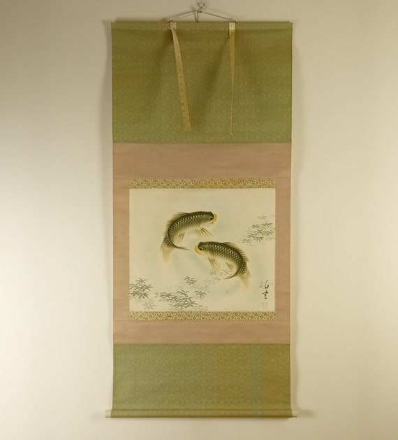 Vintage Japanese Scroll, Sumi-e, Koi Fish, Ink Painting, Kakejiku, Kakemono, Japan Wall Hanging, #435