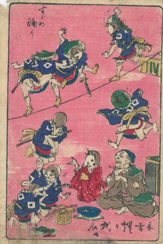 Kawanabe Kyosai woodblock “The Sparrow Dance (Suzume Odori)”, Edo satire 1863–66