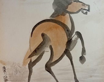 Vintage mid Showa Japanese sumi ink shikishi - horse with light color
