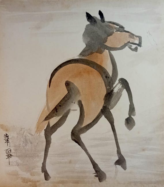 Vintage mid Showa Japanese sumi ink shikishi - horse with light color