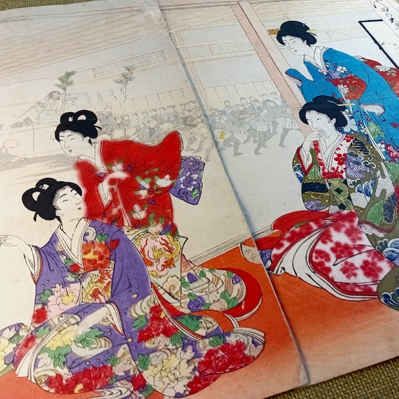 Yoshu Chikanobu - antique Meiji woodblock print, two sheets from Chiyoda no Ooku, 1895