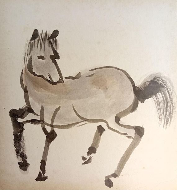 Vintage Japanese double-sided shikishi with two ink-and-wash horse studies, early–mid Shōwa period