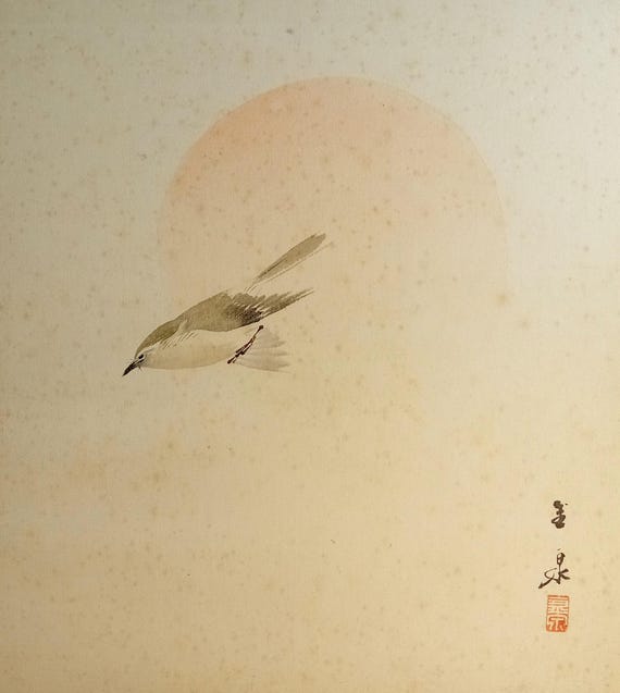 Vintage early Shōwa Japanese ink and color on silk shikishi