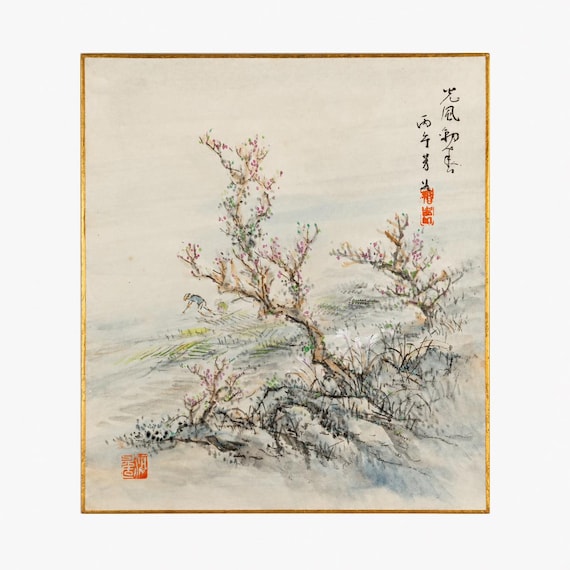 Baika – Spring in the Plum Grove – Japanese Shikishi Painting, Mid to Late Showa
