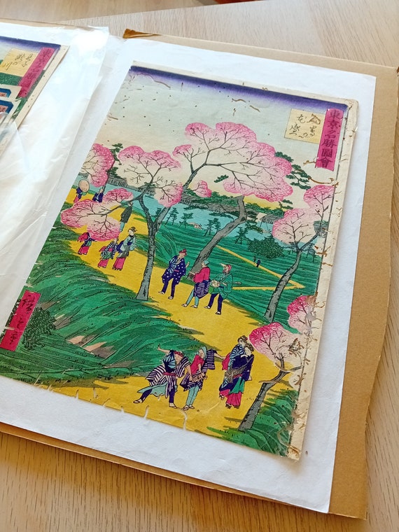 Antique Meiji Japanese woodblock print by Hiroshige III - cherry blossoms at Mukojima, 1869