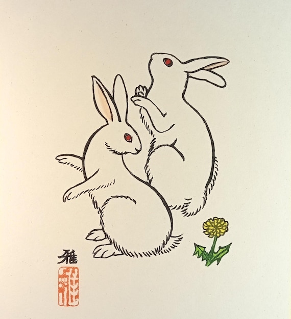 Koyatsu Masami - Two Rabbits - Vintage Japanese Painting on Shikishi