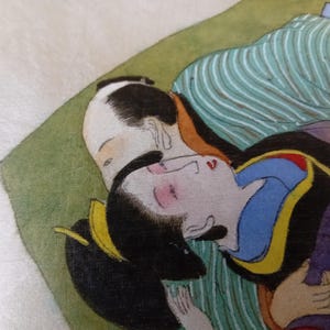 Vintage Japanese woodblock print on silk, Authentic, Shunga, Woodcut