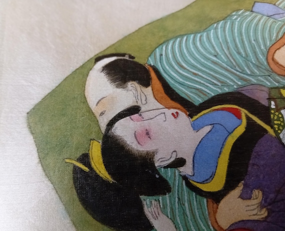 Vintage Japanese woodblock print on silk, Authentic, Shunga, Woodcut