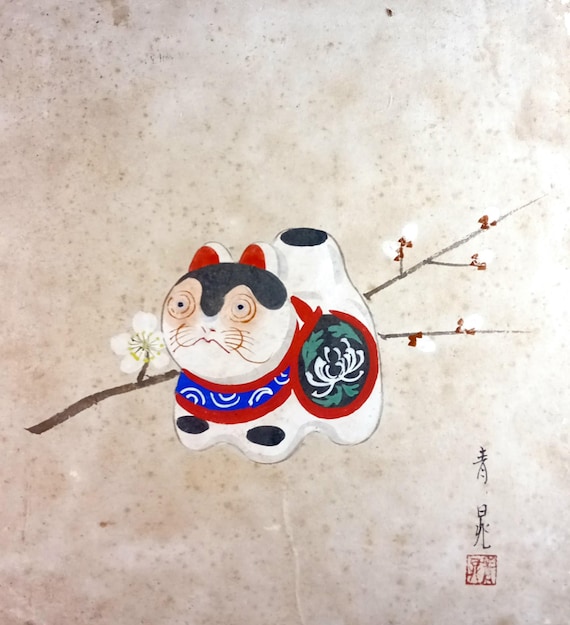 Vintage early Showa Japanese ink and color shikishi - inu hariko