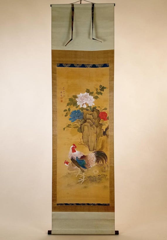 Peonies — Antique Japanese Silk Kakejiku, Signed Seppō, c. 1900–1930