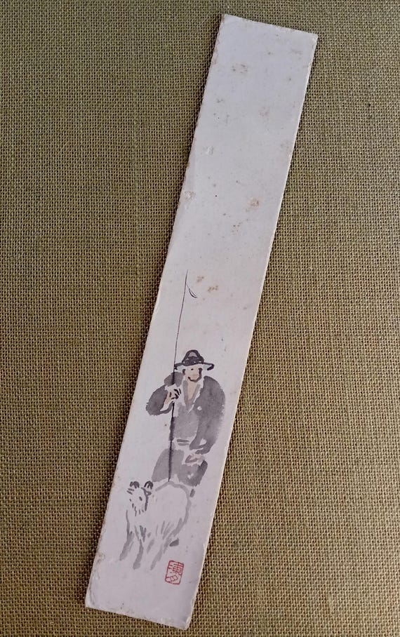 Antique Taishō–Shōwa Japanese ink tanzaku – man with staff and goat