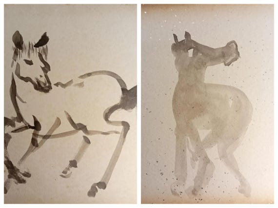 Vintage Japanese double-sided shikishi “Horse study”, mid-Shōwa period