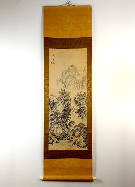 Vintage Japanese Scroll, Sumi-e, Ink Painting on silk, Kakejiku, Kakemono, Wall Hanging Art, long 184 cm #937