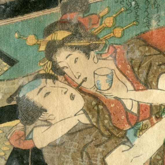 Antique Japanese woodblock print, Edo, Authentic, Shunga, Woodcut
