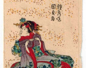 Utagawa Kunisada, Antique Japanese woodblock print on the shikishi, Ukiyo-e, Bijin-ga, Utagawa Toyokuni III, #715, Antique japan art