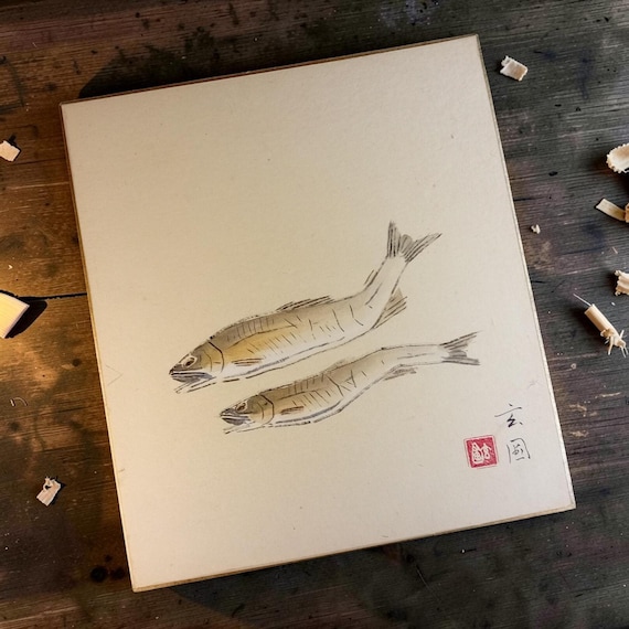 Akiyoshi Genpo – Two Ayu Fish – vintage Japanese painting on shikishi