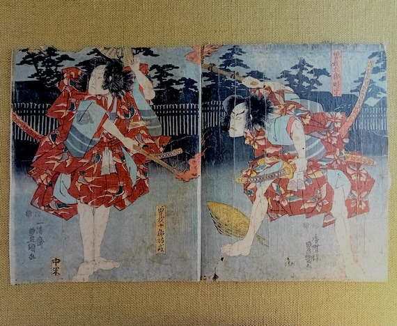 Antique Edo period 1851 Toyokuni III (Kunisada) Japanese woodblock diptych – samurai kabuki scene