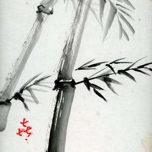 Sumi-e japonés vintage, pintura original de las décadas de 1950, 1960 y 1970 (período Shōwa), dibujo a tinta sobre shikishi, arte asiático, minimalismo #2027