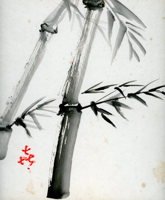 Vintage Japanese Sumi-e, Original Painting 1950s-1960s-1970s (Shōwa period), Ink Drawing on Shikishi, Asian Art, Minimalism #2027