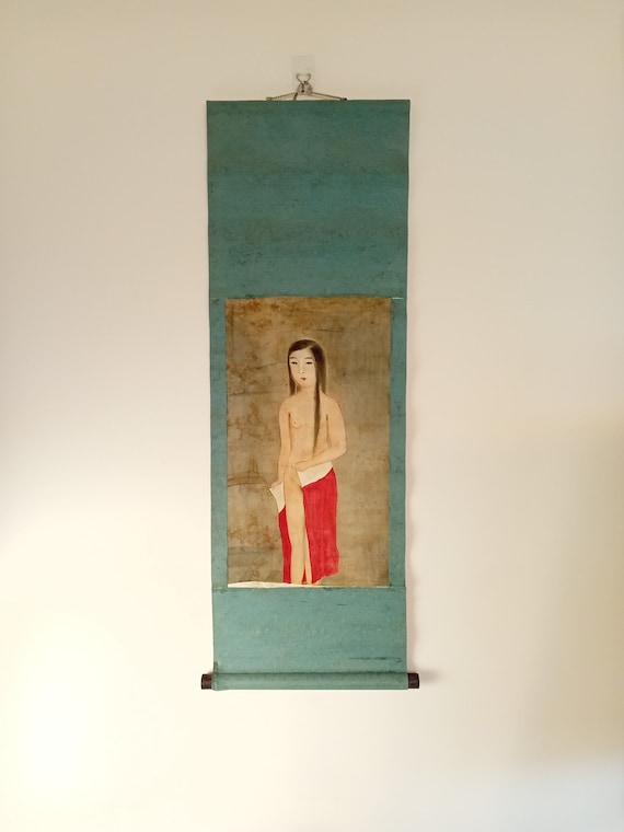 Antique Japanese Scroll, c. 1900, Sumi-e, Ukiyo-e, Bijin-ga, Ink Painting, Kakejiku, Kakemono, Wall Hanging, Asian Art, Minimalism  #424