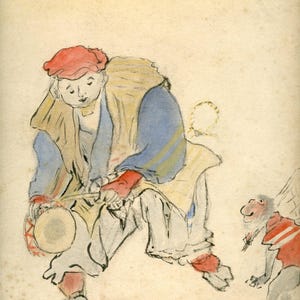 Rare Pair of Vintage Japanese Shikishi – “Monkey and the Drummer” – Anonymous Artist, Taishō–Shōwa Era