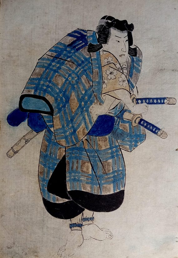 Antique late Edo early Meiji Japanese woodblock print – samurai musha-e