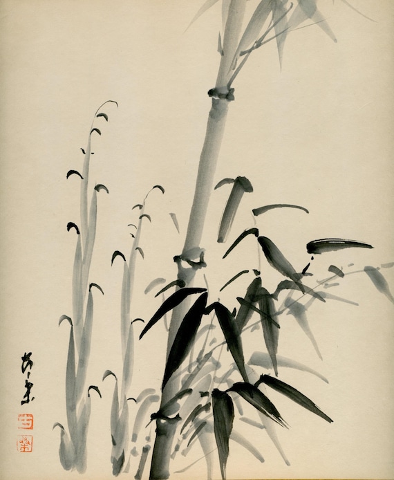 Antique (Vintage) Japanese Sumi-e, Original Painting 1920s-1950s Shōwa period, Ink Drawing on Shikishi,  Minimalism #832 Wall Hanging
