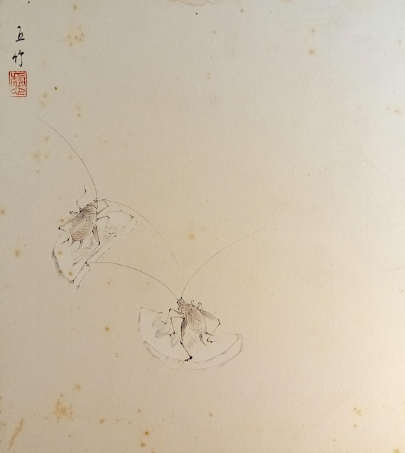 Vintage mid-Shōwa Japanese ink shikishi – two autumn insects