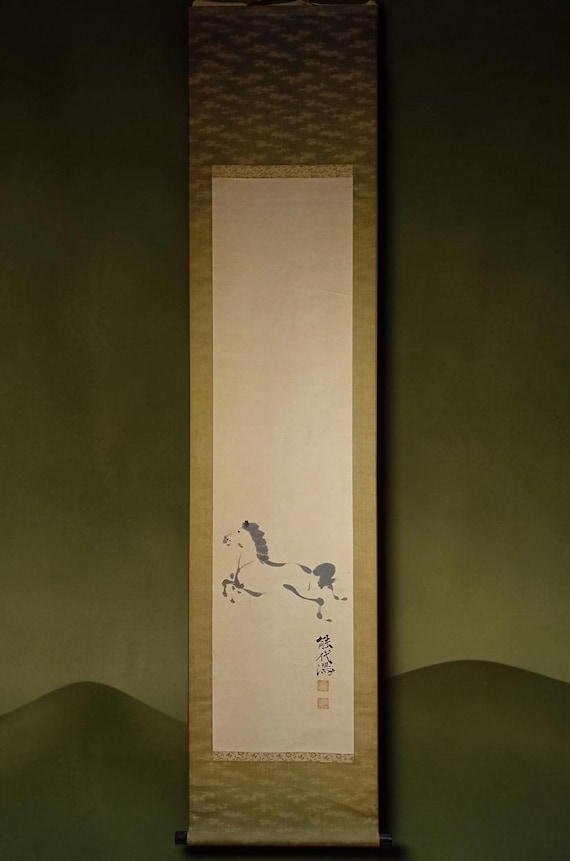 Antique Japanese ink kakemono (kakejiku) – running horse, Taishō–early Shōwa period