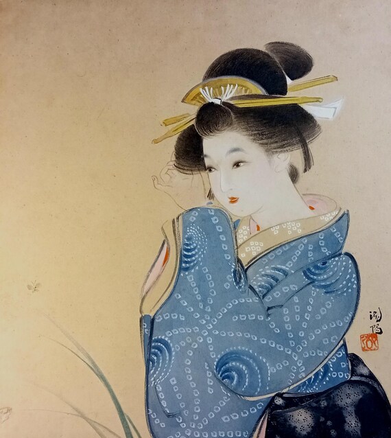 Vintage mid 20th century Japanese ink and color shikishi - beauty with butterfly