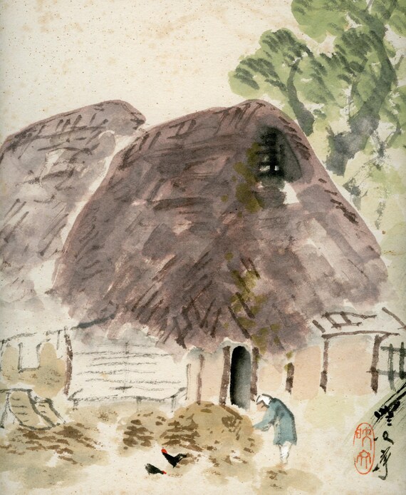 Vintage Japanese Sumi-e, Original Painting 1950s-1960s-1970s (Shōwa period), Ink Drawing on Shikishi, Asian Art, Minimalism #2008