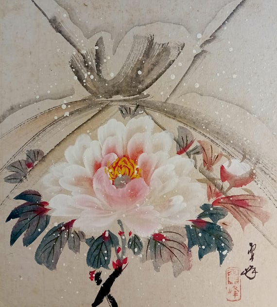 Vintage early Shōwa Japanese watercolor shikishi – Snow peony