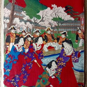 Kobayashi Toshimitsu, Antique Japanese woodblock print, Fountain at Ueno Park, Original, 1881 Meiji period, Ukiyo-e, Woodcut, Full size