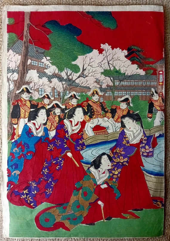 Antique Japanese woodblock print, "Meiji High Official and Beautiful Women", Original, Meiji period, Ukiyo-e, Woodcut, Full size