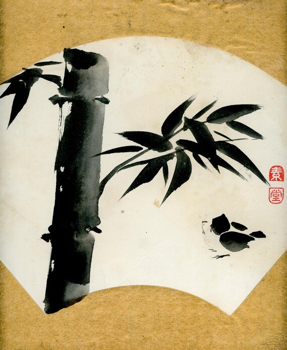Vintage Japanese Sumi-e, Original Painting 1950s-1960s-1970s (Shōwa period), Ink Drawing on Shikishi, Asian Art, Minimalism #2024