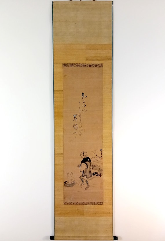 Antique Japanese Scroll, Sumi-e, Ink Painting on washi, Kakejiku, Kakemono, Wall Hanging Art