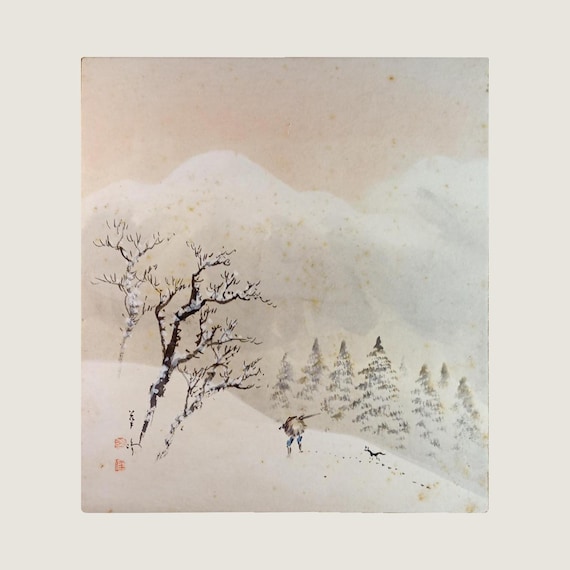 Fisherman in Snow - Antique Japanese Shikishi Painting, c. 1890-1930