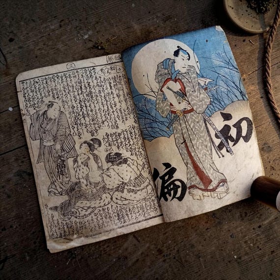 Antique Japanese illustrated woodblock book, Edo period, ninjobon, 1848–1854, Santō Kyōden, Toyokuni III (Utagawa Kunisada), single volume