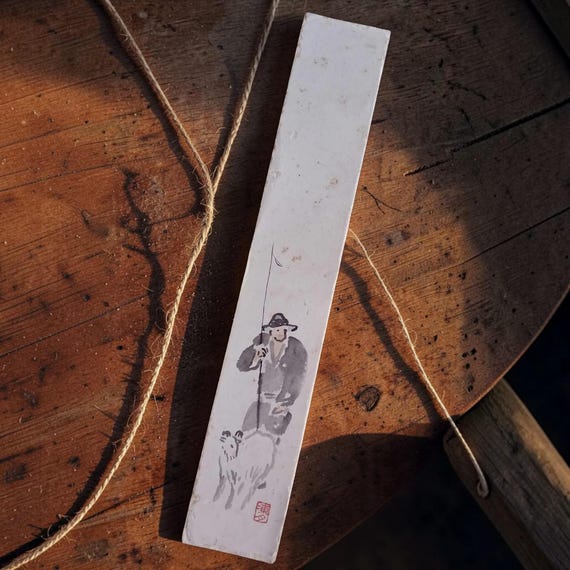 Antique Taishō–Shōwa Japanese ink tanzaku – man with staff and goat