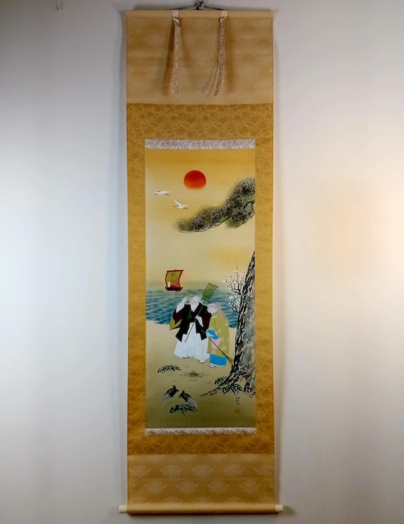 Vintage Japanese Scroll, Sumi-e, Ink Painting on silk, Kakejiku, Kakemono, Wall Hanging, #945, long 185 cm, wide, Jō and Uba