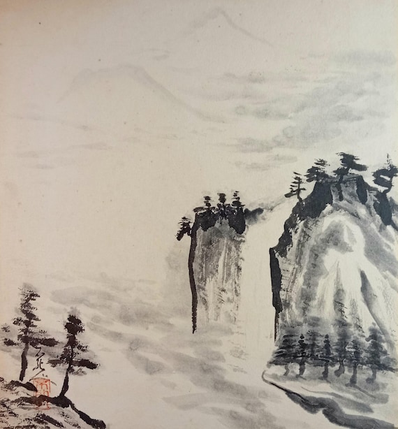 Vintage mid Showa Japanese sumi shikishi - mountain landscape