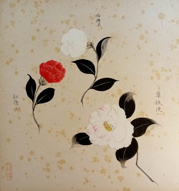 Vintage Shōwa Japanese gouache shikishi – camellia trio