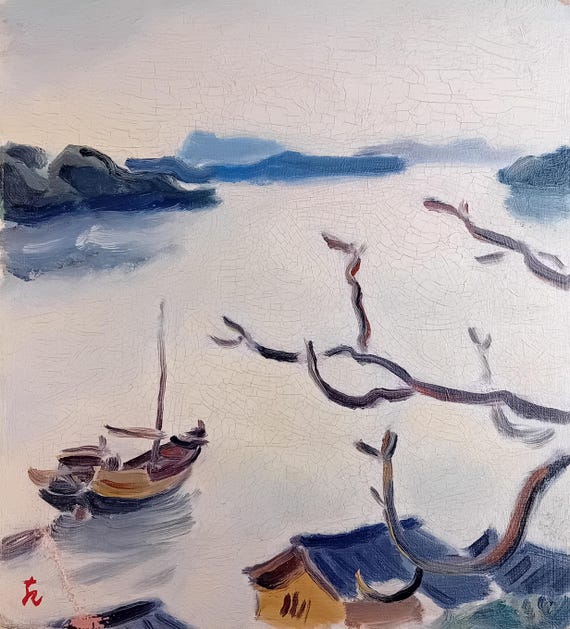 Kizaburo Ienaga - “Seto in Spring” - 1941 Japanese oil painting on shikishi, early Showa