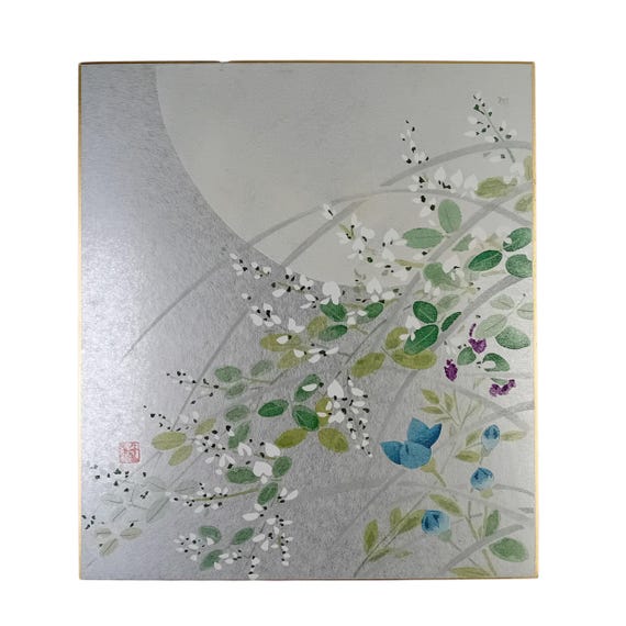 Moon and Flowering Branches – Vintage Japanese Shikishi Painting, Late Showa – Early Heisei Period