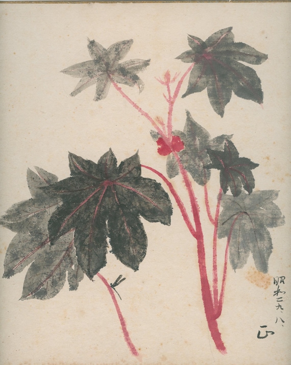 Antique Japanese Shikishi with Gold Border – “Leaves and Dragonfly” (Tombo), signed 山, dated Meiwa 1763 (Taishō–Early Shōwa)