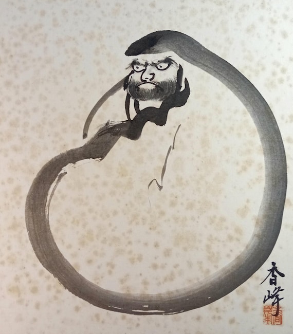Vintage Showa Japanese sumi-e ink shikishi - Daruma and enso